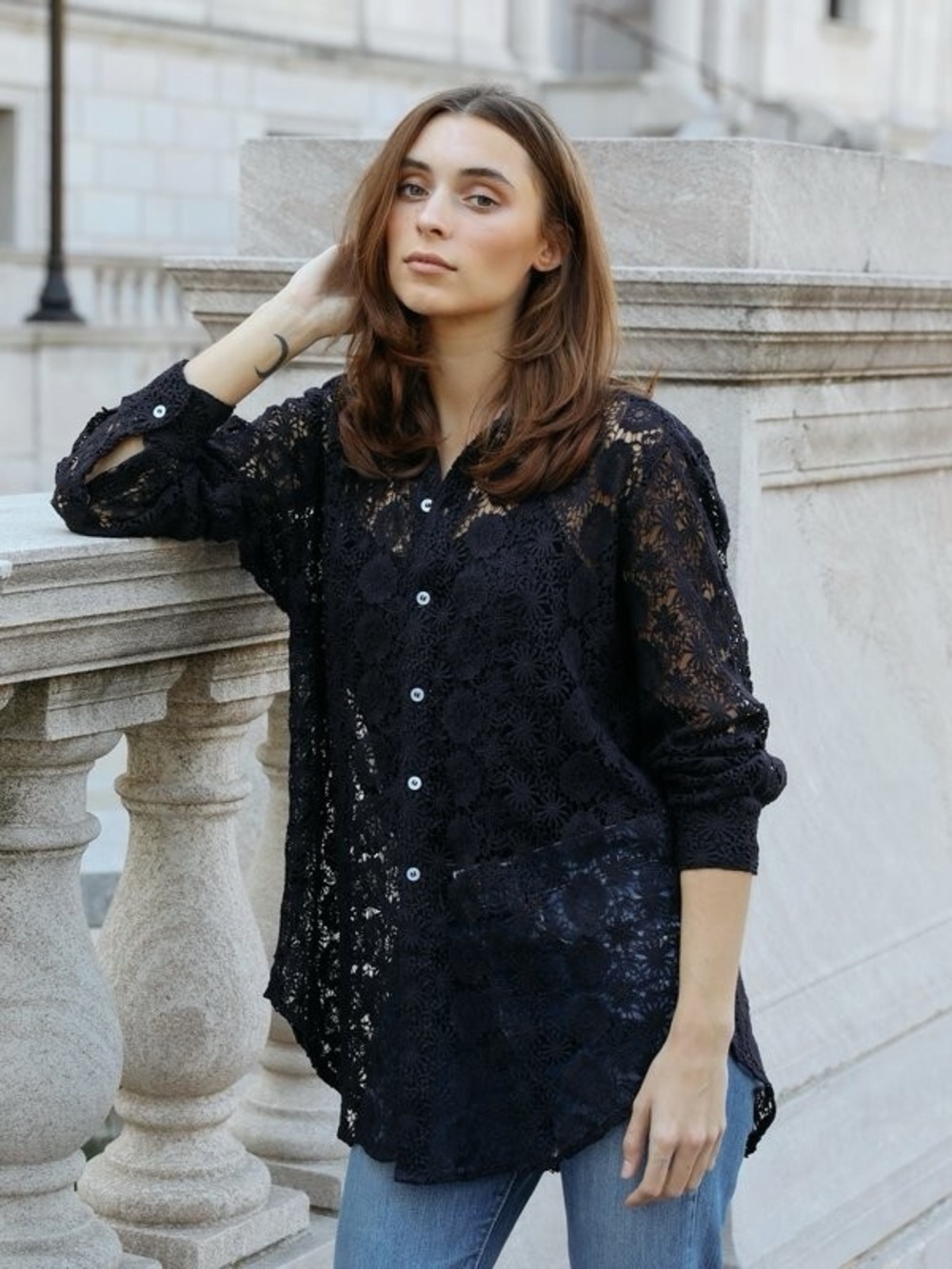 Mille Resort & Travel || Sofia Button Down Shirt Lace Boxy Black Medium